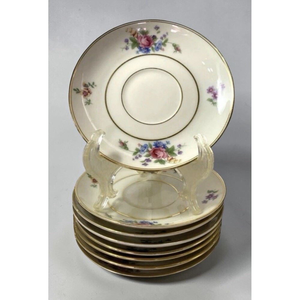 Tirschenreuth Bavaria Queen’s Rose 4416 Saucers Set 8 Gold Trim Floral Germany